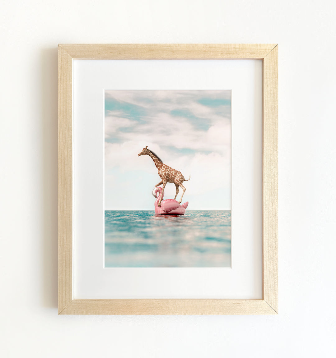 Giraffe Afloat a Flamingo