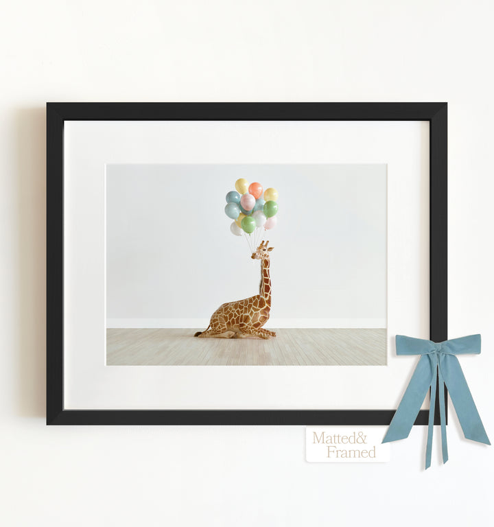 Giraffe with Balloons Art Print Framed Art