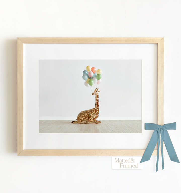 Giraffe with Balloons Art Print Framed Art