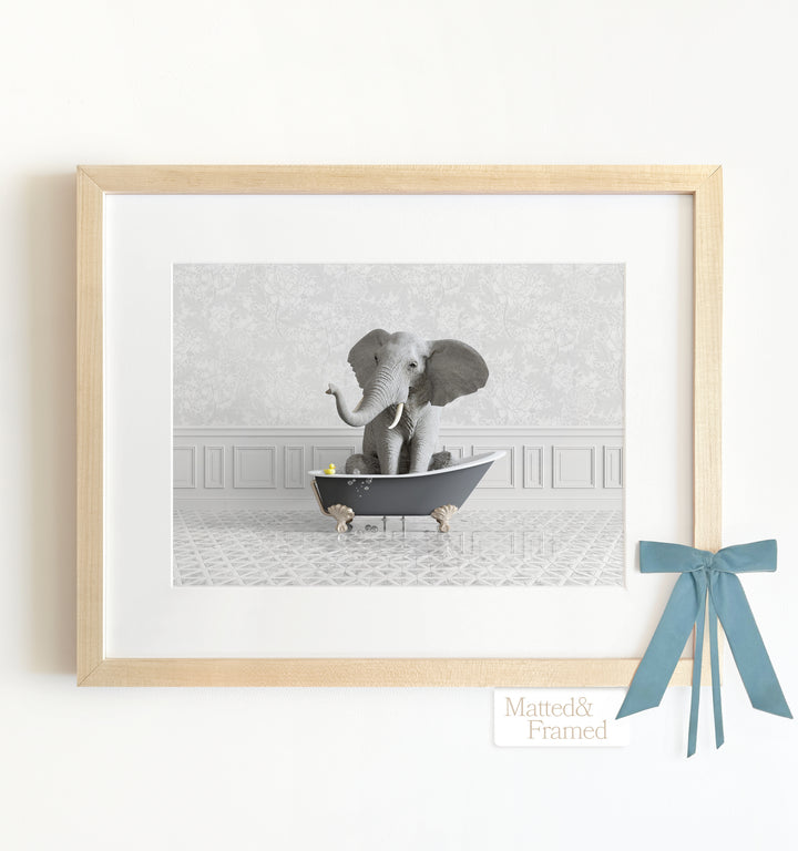 Elephant in a Gray Bathtub Framed Art