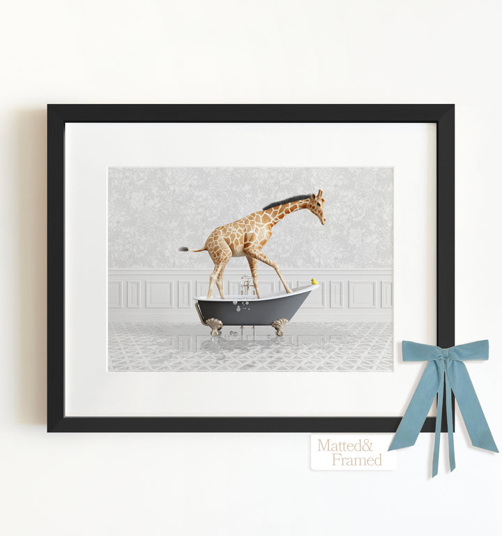 Giraffe in a Gray Bathtub Framed Art