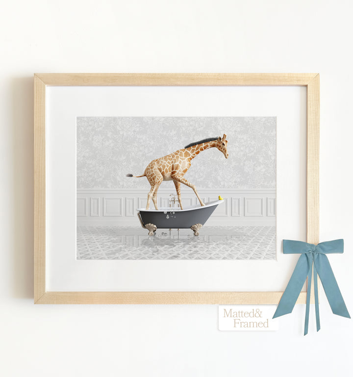 Giraffe in a Gray Bathtub Framed Art