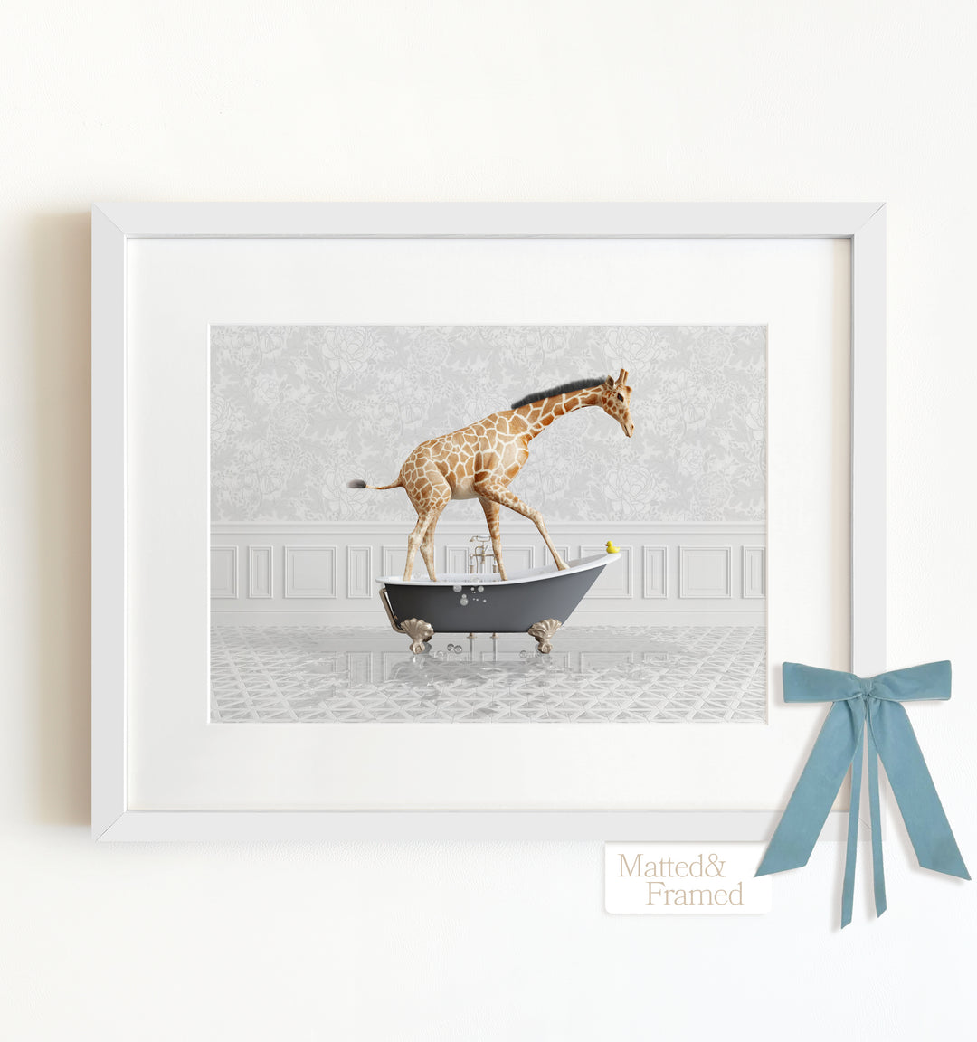 Giraffe in a Gray Bathtub Framed Art