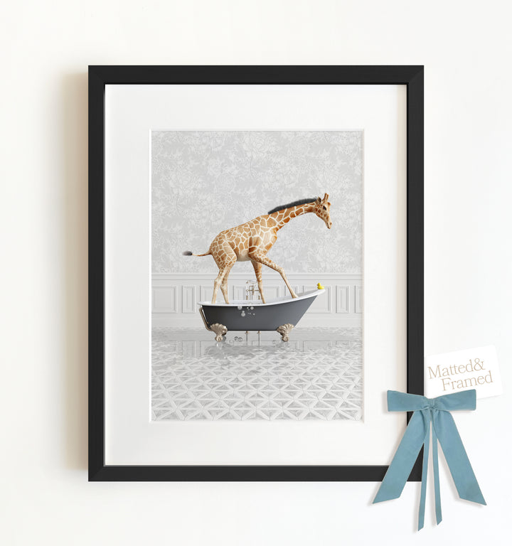 Giraffe in a Gray Bathtub Framed Art