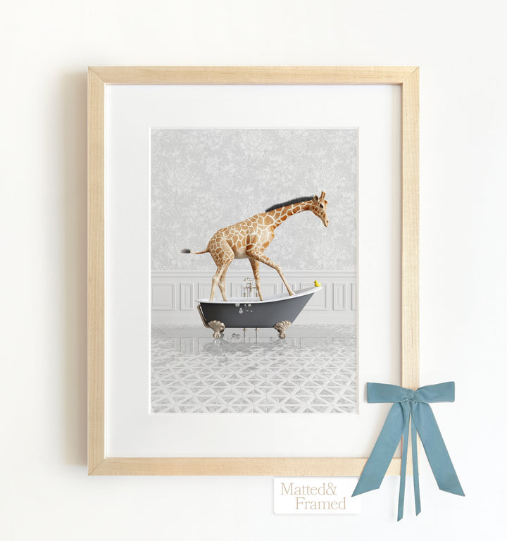 Giraffe in a Gray Bathtub Framed Art