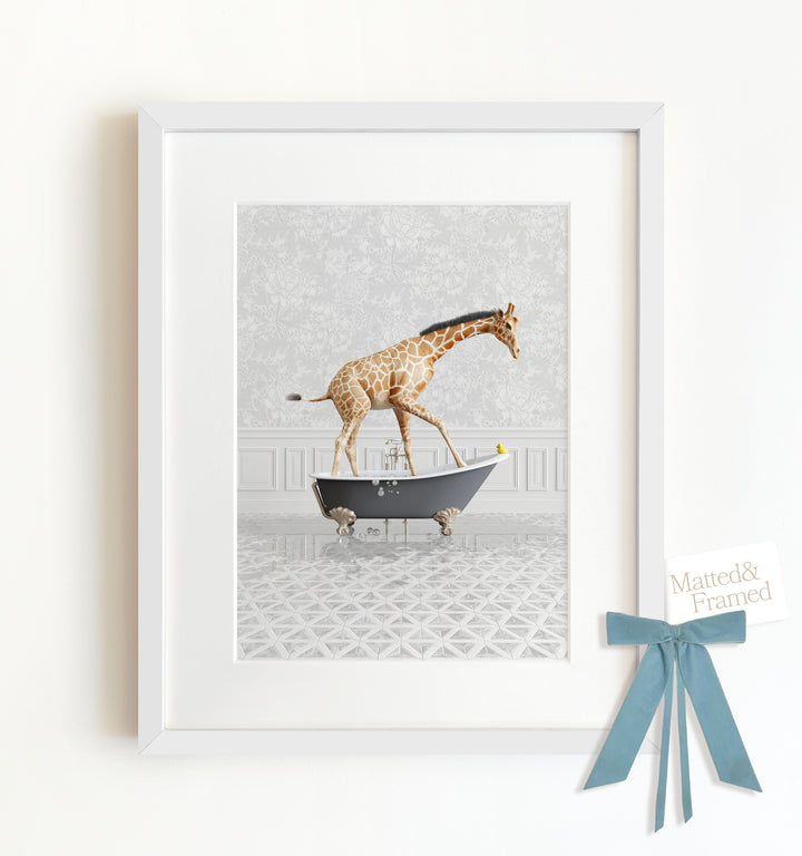 Giraffe in a Gray Bathtub Framed Art