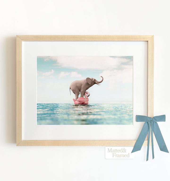 Elephant Afloat a Flamingo Framed Art