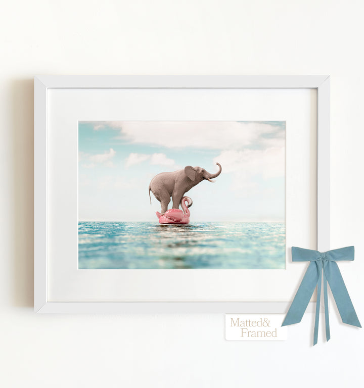 Elephant Afloat a Flamingo Framed Art