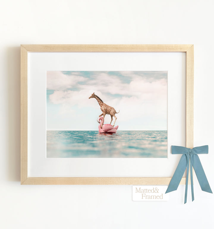 Giraffe Afloat a Flamingo Framed Art