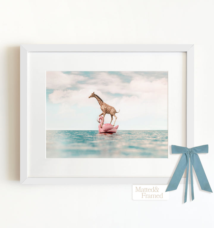 Giraffe Afloat a Flamingo Framed Art