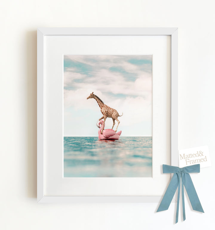 Giraffe Afloat a Flamingo Framed Art