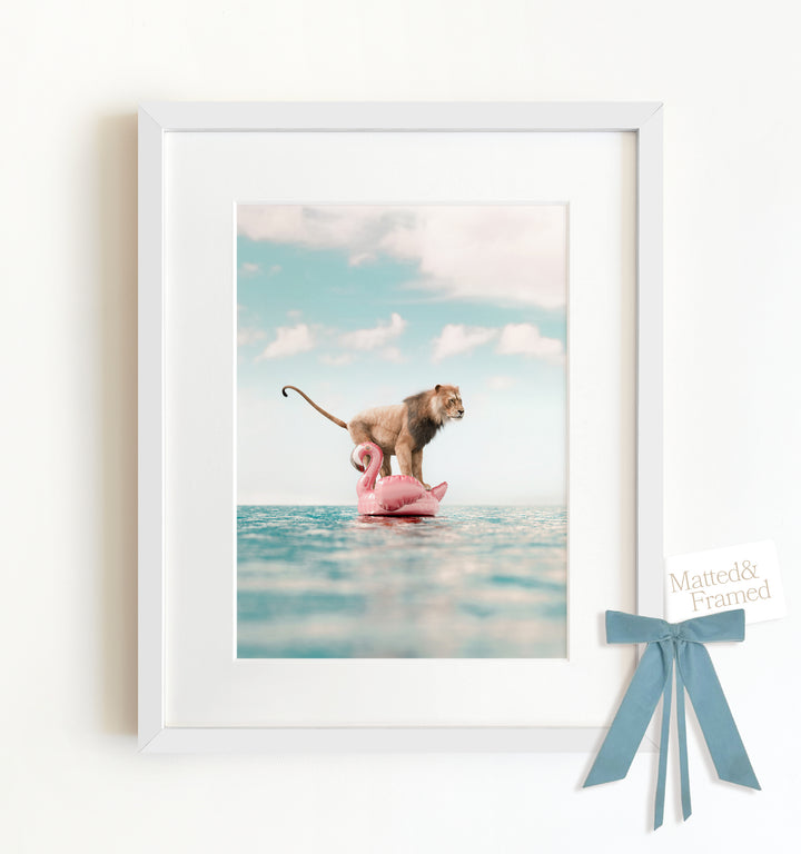 Lion Afloat a Flamingo Framed Art