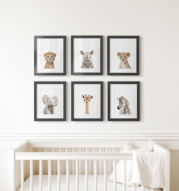 Framed Baby Safari Animals Nursery Decor - African Animals Set of 6