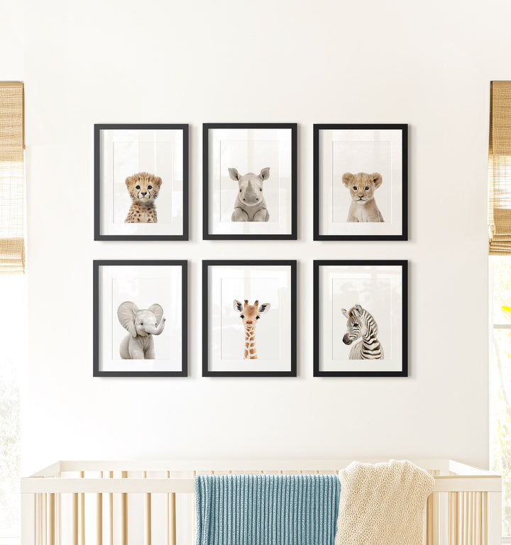 Framed Baby Safari Animals Nursery Decor - African Animals Set of 6