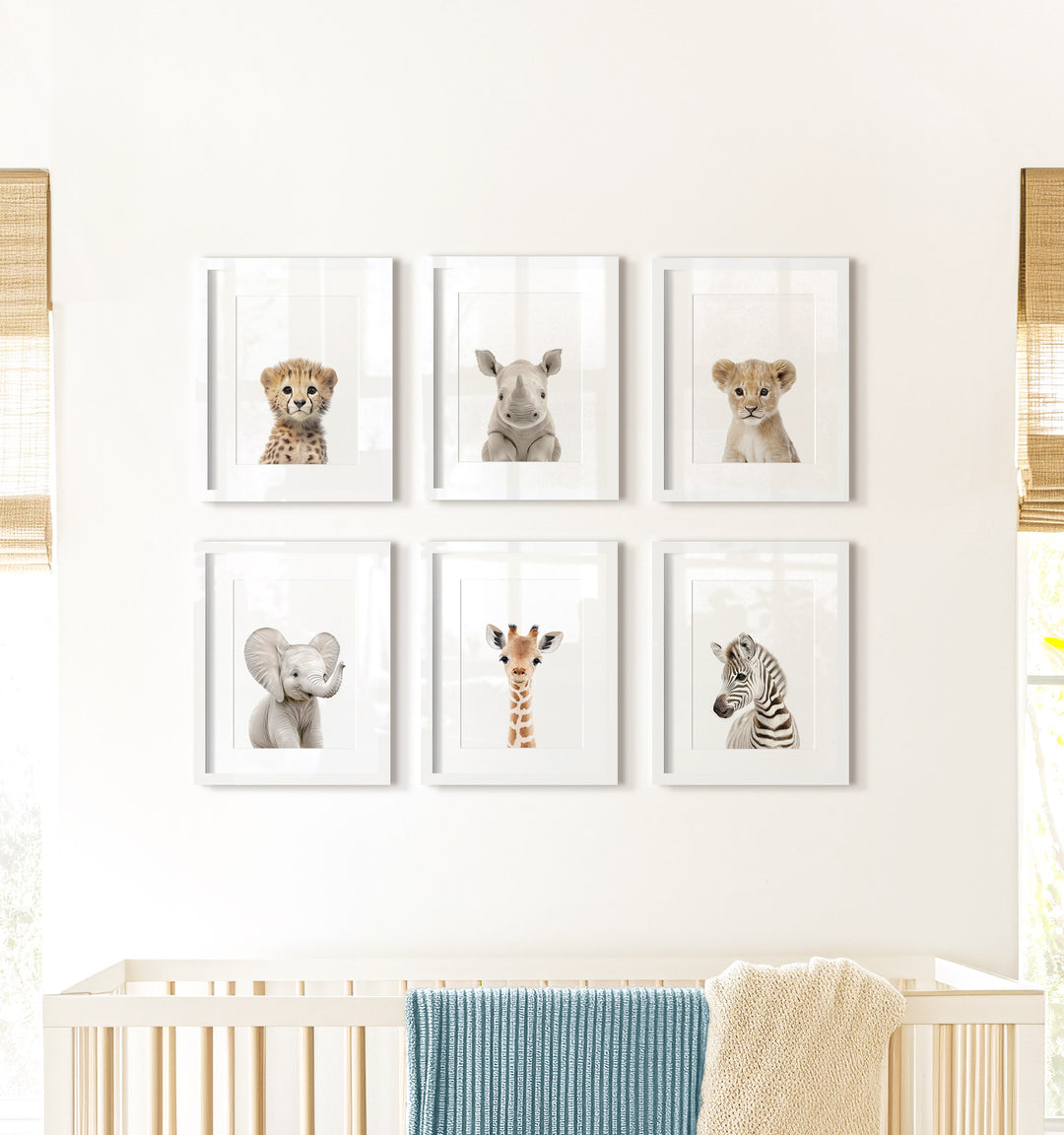 Framed Baby Safari Animals Nursery Decor - African Animals Set of 6