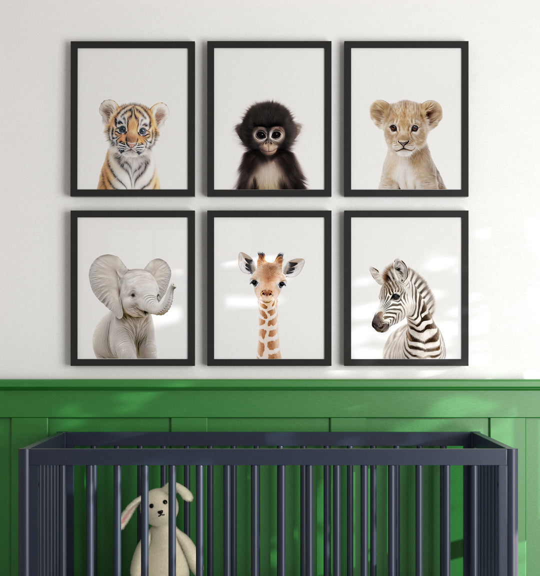 Framed Baby Jungle & Safari Animals Set of 6 Nursery Decor