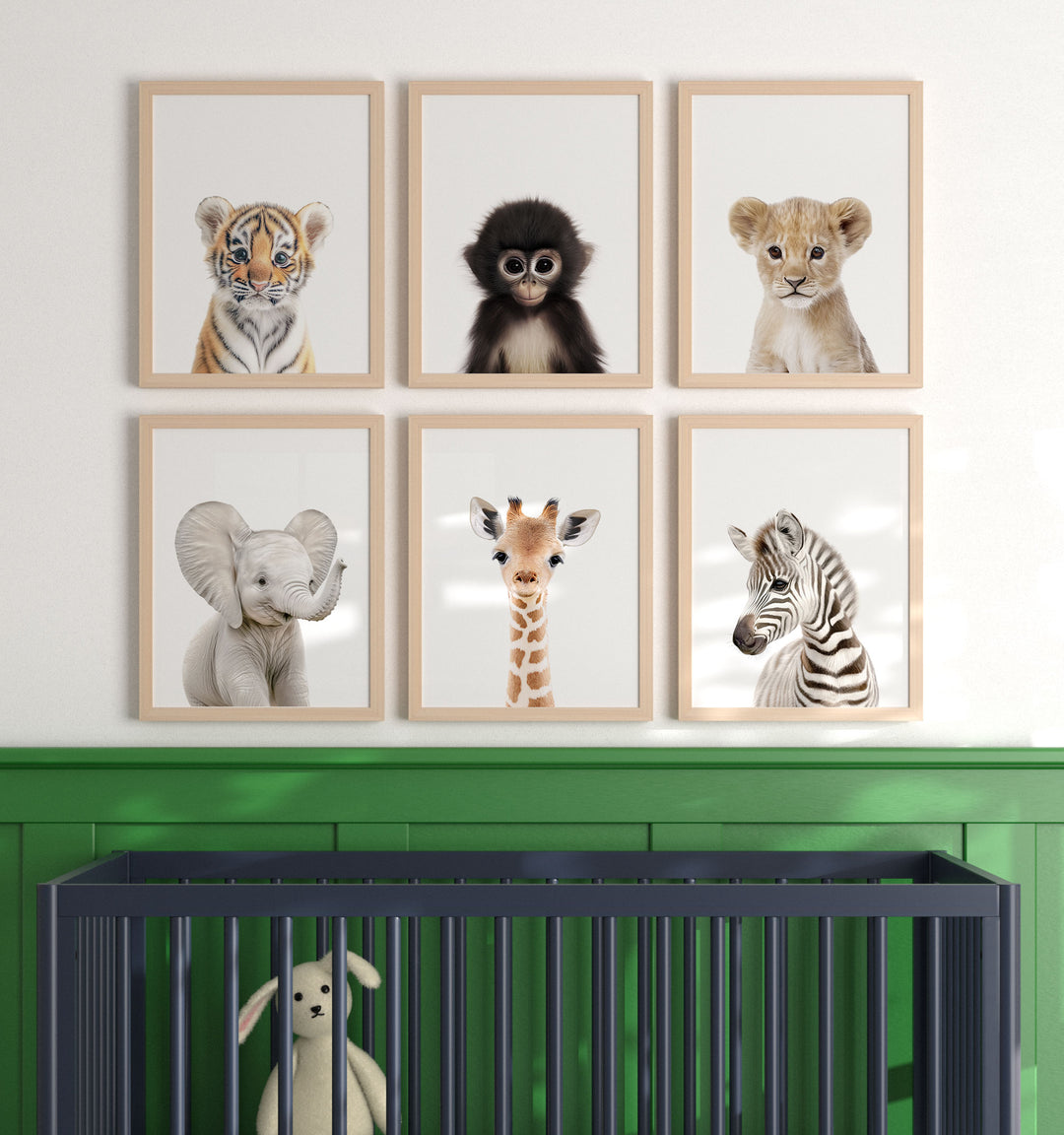 Framed Baby Jungle & Safari Animals Set of 6 Nursery Decor