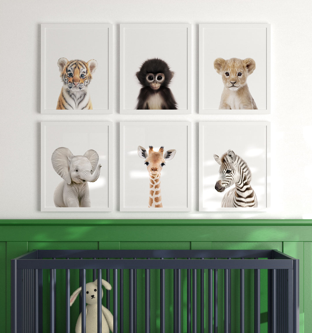 Framed Baby Jungle & Safari Animals Set of 6 Nursery Decor