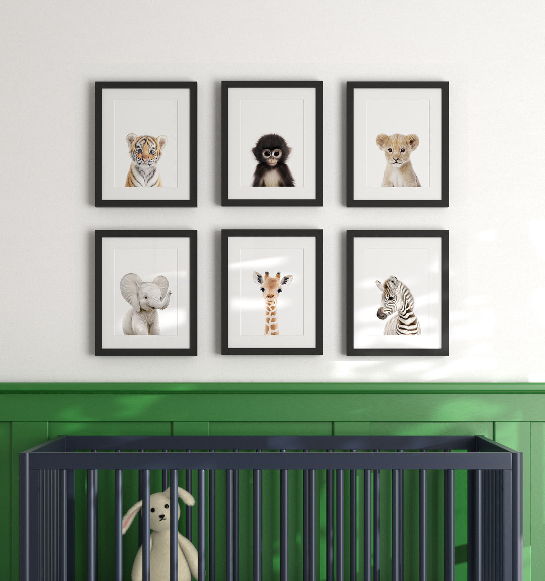 Framed Baby Jungle & Safari Animals Set of 6 Nursery Decor